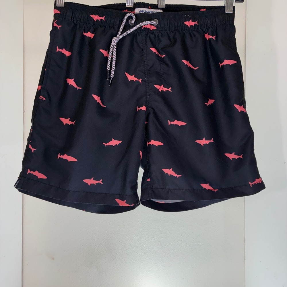 Maamgic Mens Shark Print Swim Trunks Black Pink Mesh Lined Board Shorts Size M